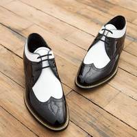 New Pure Handmade Black & White Patent Leather Lace Up Shoes For Men's - Thumbnail 1