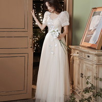 Champagne tulle long A line prom dress evening dress - Thumbnail 2