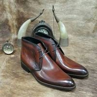 Unique Hand Stitch Two Tone Leather Chukka Lace Up Boot - Thumbnail 1