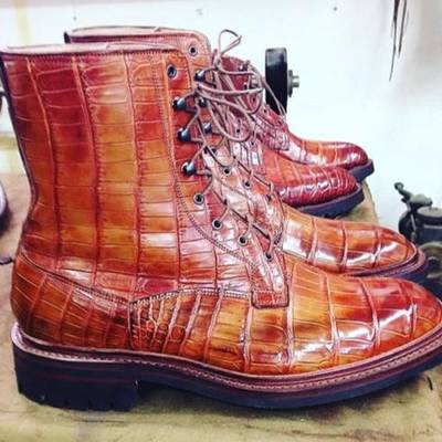 New pure handmade tan shaded crocodile leather lace up ankle boots for men's - Thumbnail 2