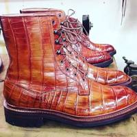 New Pure Handmade Tan Shaded Crocodile Leather Lace up Ankle Boots for Men's - Thumbnail 1