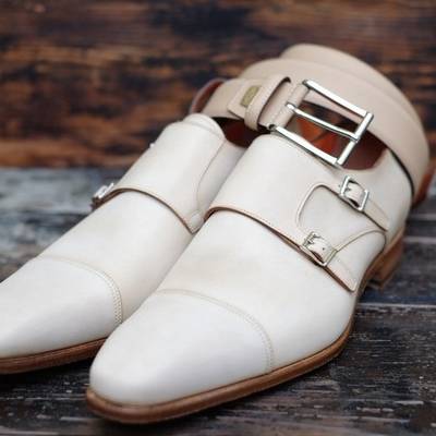 New pure handmade white leather stylish monk strap shoes for men's
