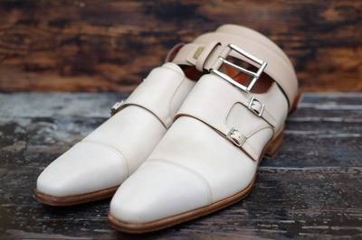 New Pure Handmade White Leather Stylish Monk Strap Shoes For Men's