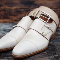 New Pure Handmade White Leather Stylish Monk Strap Shoes For Men's - Thumbnail 4