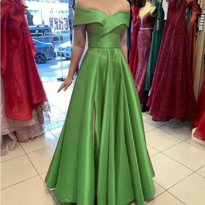 Green slit prom dresses off the shoulder - Thumbnail 3