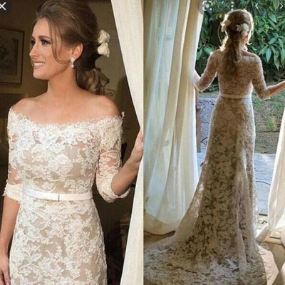 Half sleevees wedding dresses lace appliques - Thumbnail 3