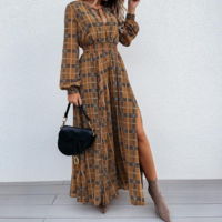 Plaid Printed Long Sleeve Split Dress - Thumbnail 1