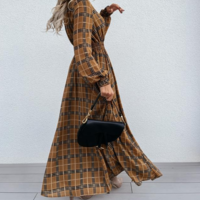 Plaid Printed Long Sleeve Split Dress - Thumbnail 2