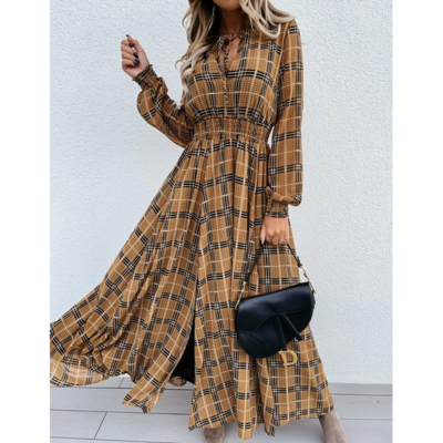 Plaid printed long sleeve split dress