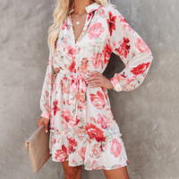 Women Printed Button Long Sleeve Chiffon Dress - Thumbnail 3