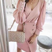 V-Neck Sexy Long Sleeve Dress - Thumbnail 2