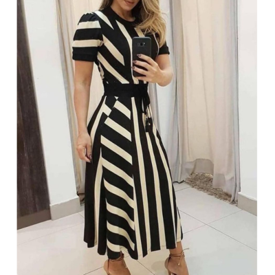 Round neck black striped short sleeve dress
