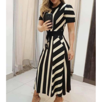 Round Neck Black Striped Short Sleeve Dress - Thumbnail 1