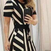 Round Neck Black Striped Short Sleeve Dress - Thumbnail 2