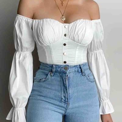 Pure color solid color white one-shoulder top