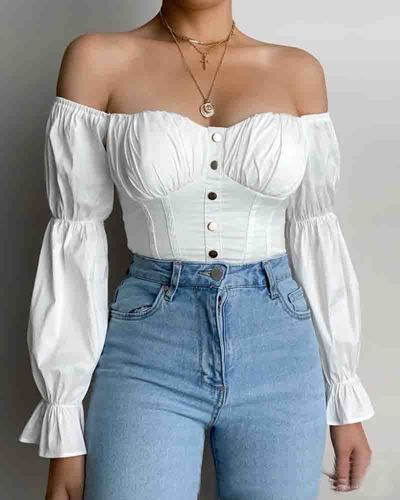 Pure Color Solid Color White One-Shoulder Top