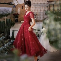 Burgundy tulle short prom dress cocktail dress - Thumbnail 1