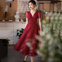 Burgundy tulle short prom dress cocktail dress - Thumbnail 3