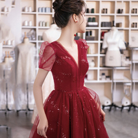 Burgundy tulle short prom dress cocktail dress - Thumbnail 4