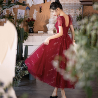 Burgundy tulle short prom dress cocktail dress - Thumbnail 5
