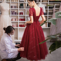 Burgundy tulle short prom dress cocktail dress - Thumbnail 6
