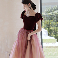 Burgundy velvet tulle long prom dress evening dress - Thumbnail 1