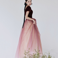 Burgundy velvet tulle long prom dress evening dress - Thumbnail 2