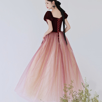 Burgundy velvet tulle long prom dress evening dress - Thumbnail 3