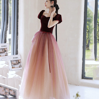 Burgundy velvet tulle long prom dress evening dress - Thumbnail 4