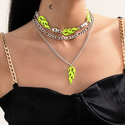 Free Shipping-NEON FLAME AND SKELETON NECKLACE SET 