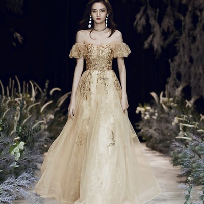 Gold tulle sequins long prom dress a line evening dress - Thumbnail 1