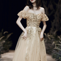 Gold tulle sequins long prom dress A line evening dress - Thumbnail 1