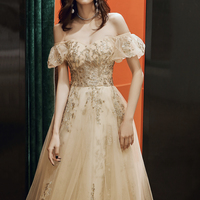 Gold tulle sequins long prom dress A line evening dress - Thumbnail 2