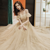 Gold tulle sequins long prom dress A line evening dress - Thumbnail 3