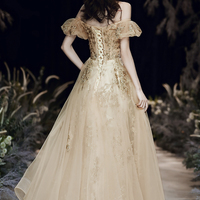 Gold tulle sequins long prom dress A line evening dress - Thumbnail 4