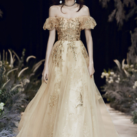 Gold tulle sequins long prom dress A line evening dress - Thumbnail 6