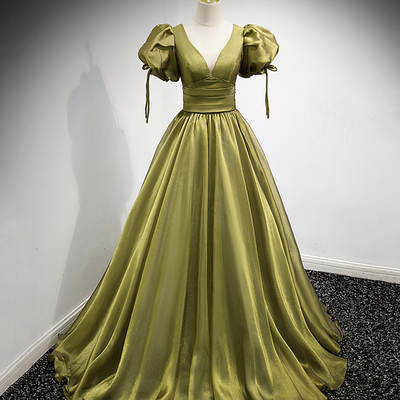 Green v neck tulle long prom dress a line evening dress - Thumbnail 3