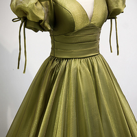 Green v neck tulle long prom dress A line evening dress - Thumbnail 1