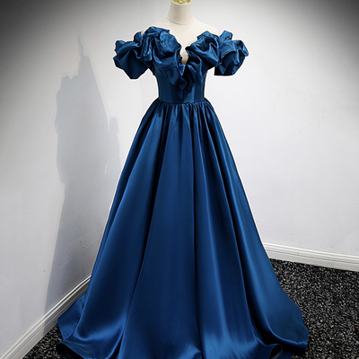Blue satin long a line prom dress blue evening dress - Thumbnail 4
