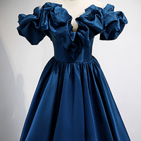 Blue satin long A line prom dress blue evening dress - Thumbnail 1