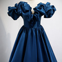 Blue satin long A line prom dress blue evening dress-1