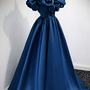 Blue satin long A line prom dress blue evening dress-2