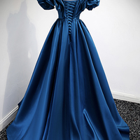 Blue satin long A line prom dress blue evening dress - Thumbnail 3