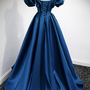 Blue satin long A line prom dress blue evening dress-3