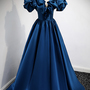 Blue satin long A line prom dress blue evening dress-4