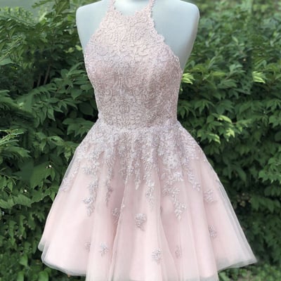 Pink lace short a line prom dress homecoming dress - Thumbnail 4