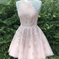 Pink lace short A line prom dress homecoming dress - Thumbnail 3