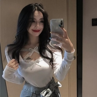 Cute Sexy Lace Cross Ribbon Long Sleeve Shirt Top Aesthetic Casual Summer E-Girl Kawaii Korean Japanese Harajuku - Thumbnail 1