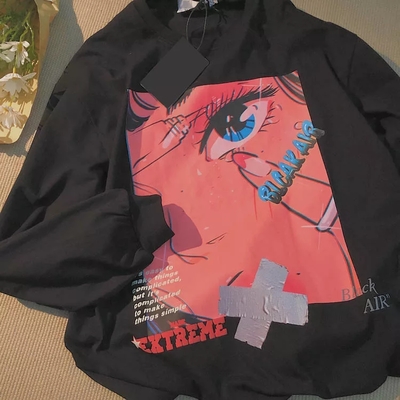 Cute Black Anime Girl Cartoon Print Hoodie Sweatshirt Long Sleeve Shirt Aesthetic Casual Summer E-Girl Kawaii Korean Japanese Harajuku