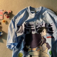 Cute White Anime Girl Cartoon Print Loose Short Sleeve Shirt Top Vintage Punk Aesthetic Casual Summer E-Girl Kawaii Korean Japanese Harajuku - Thumbnail 2